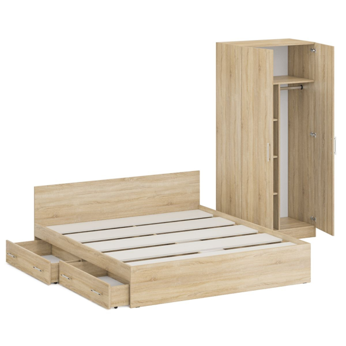 Спальные гарнитуры, Двуспальная Кровать с ящиками 1800 со шкафом для одежды 2-х створчатым Стандарт