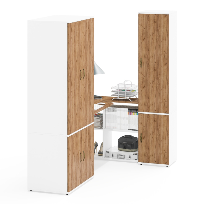 Домашние кабинеты, Шкаф для белья глубокий с пеналом с полками для бумаг и рабочий стол Лидер-8