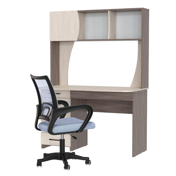 Прямые компьютерные столы, Стол компьютерный с надстройкой Сигма и компьютерное кресло серое