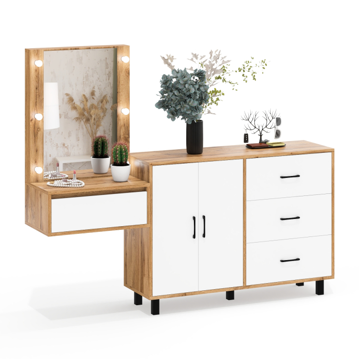 С зеркалом, Стол косметический навесной с подсветкой и тумба-комод 123-1204.