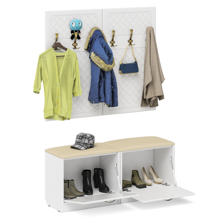 Прихожие, Две обувницы с мягким сиденьем с двумя вешалками для одежды П-6 МДФ фрезеровка ромб