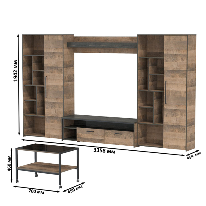 Стенки для гостиной, Модульная мебель для гостиной в стиле лофт Трувор № 142 с журнальным столиком