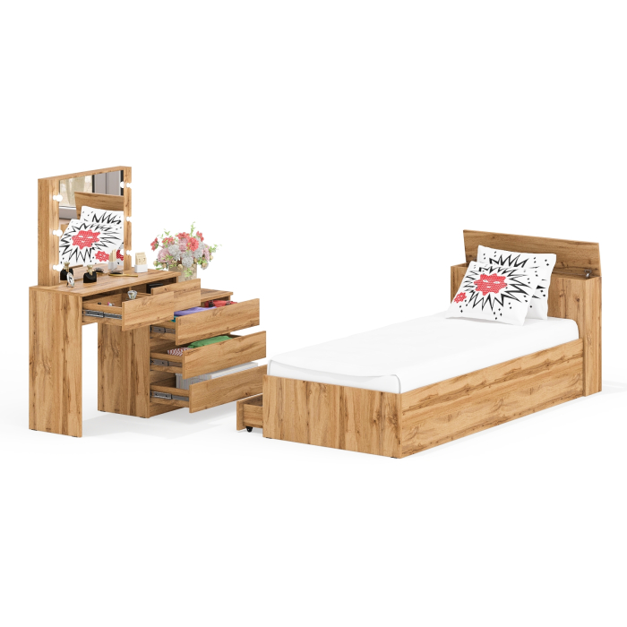 Спальные гарнитуры, Стол косметический с подсветкой 110 с кроватью с выдвижными ящиками Ксения 900