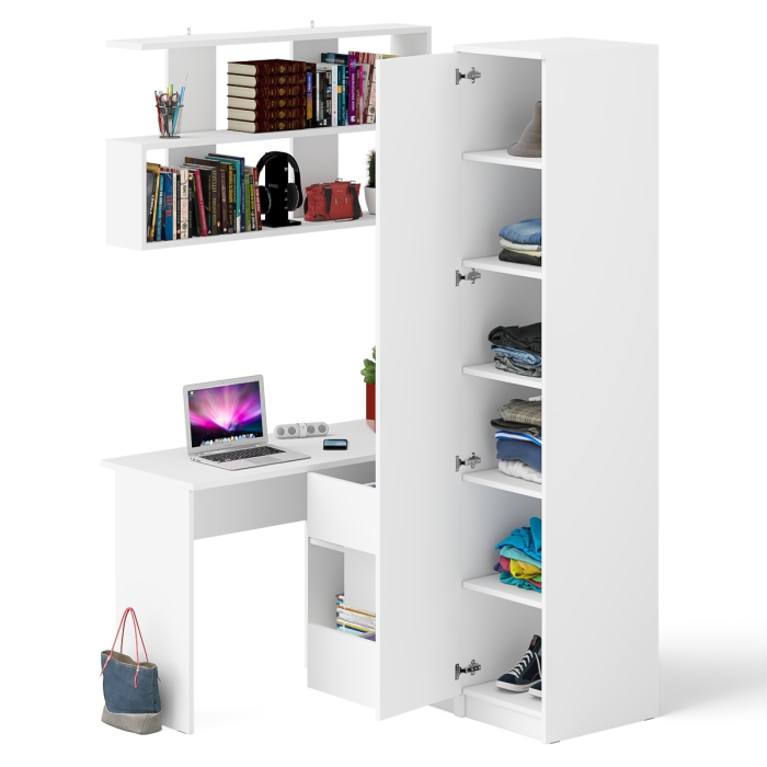 Домашние кабинеты, Стол угловой компьютерный Мори МС-16 правый с пеналом с полками и навесной открытой полкой 1200