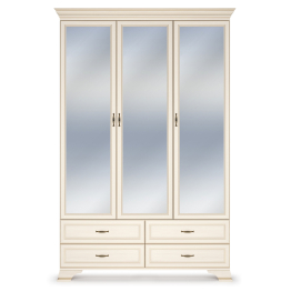 Шкаф трехдверный Сиена, с зеркалами, бодега белый, патина золото