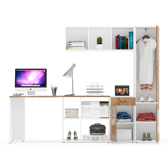 Домашние кабинеты, Домашний офис Лидер-8 из компьютерного стола с верхней полкой и пенала для одежды с тумбой МД 3.15