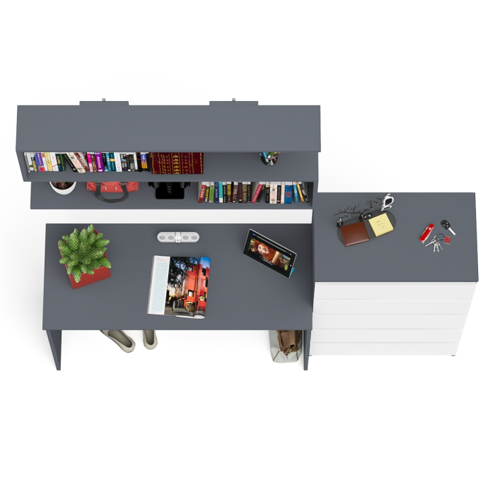 Прямые компьютерные столы, Комод высокий Мори пять выдвижных ящиков со столом для работы на 1200 и навесной полкой 1200