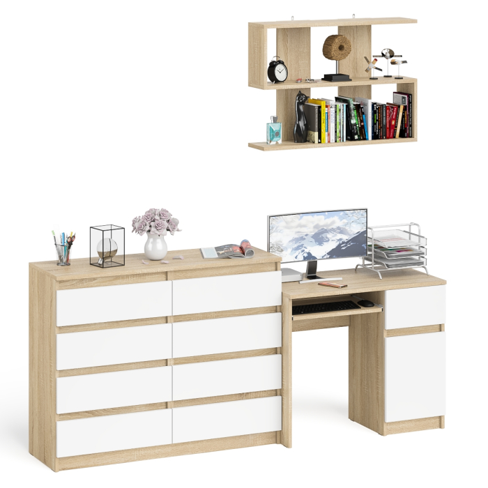 Домашние кабинеты, Большой комод на восемь выдвижных ящиков со столом МС-1 правый и полкой Мори 900