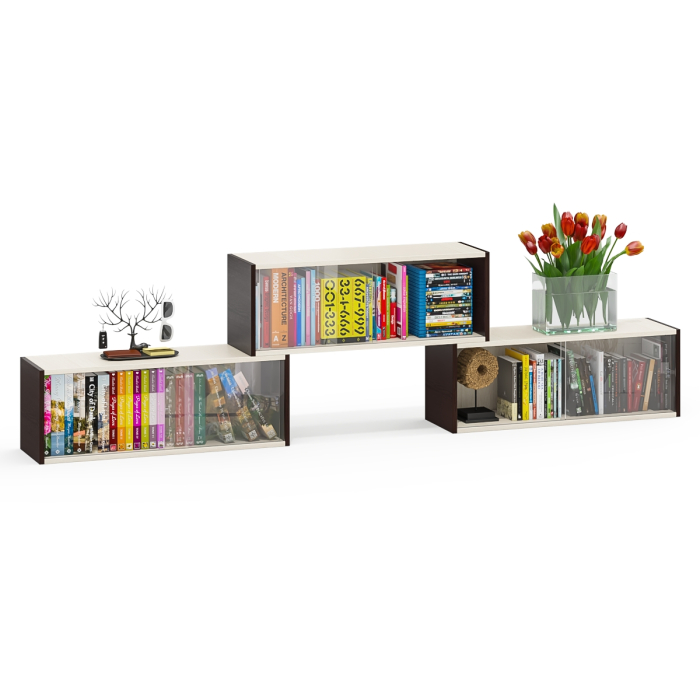 Настенные полки, Три книжные полки КН1 со стеклянными сдвижными дверками