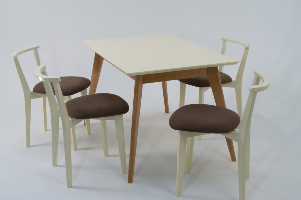 Обеденные группы, Стол Сканди 120 натур/слоновая кость со стульями Франк слоновая кость велюр коричневый