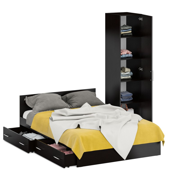 Спальные гарнитуры, Двуспальная Кровать с ящиками 1400 с пеналом Стандарт