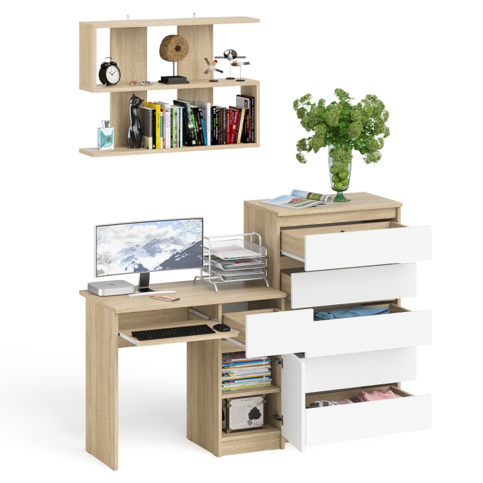 Домашние кабинеты, Стол компьютерный Мори МС-1 правый с высоким комодом на пять ящиков и навесной полкой