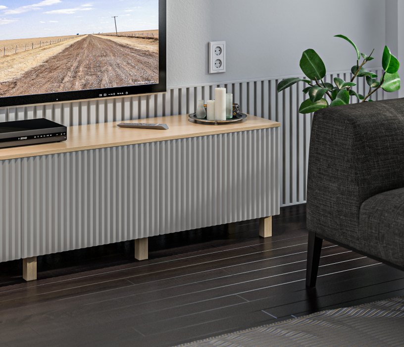 Стенки для гостиной, Гостиная (стенка) на ножках Тренд Дуб Винченца / МДФ Джаз Светло-серый