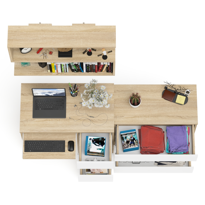 Прямые компьютерные столы, Стол компьютерный Мори МС-6 правый с навсеной полкой сверху и комодом на три ящика