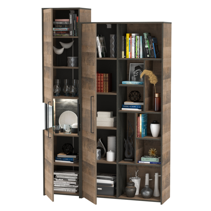 Стенки для гостиной, Шкаф-пенал с витриной с подсветкой и высокий шкаф-стеллаж Трувор