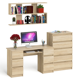 Стол для работы МС-2 с высоким комодом на пять ящиков и навесной полкой Мори