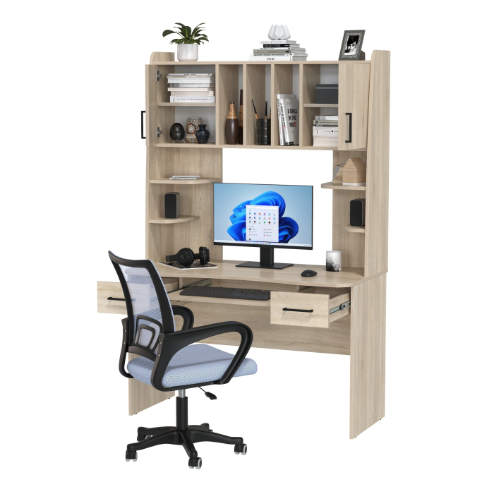 Прямые компьютерные столы, Компьютерный стол с надстройкой Бета и кресло компьютерное серое