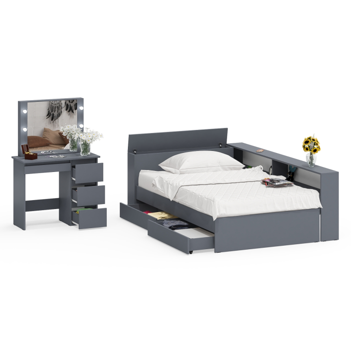 Спальные гарнитуры, Кровать с прикроватным блоком с ящиками Ксения 1200 и туалетный столик с подсветкой Сура