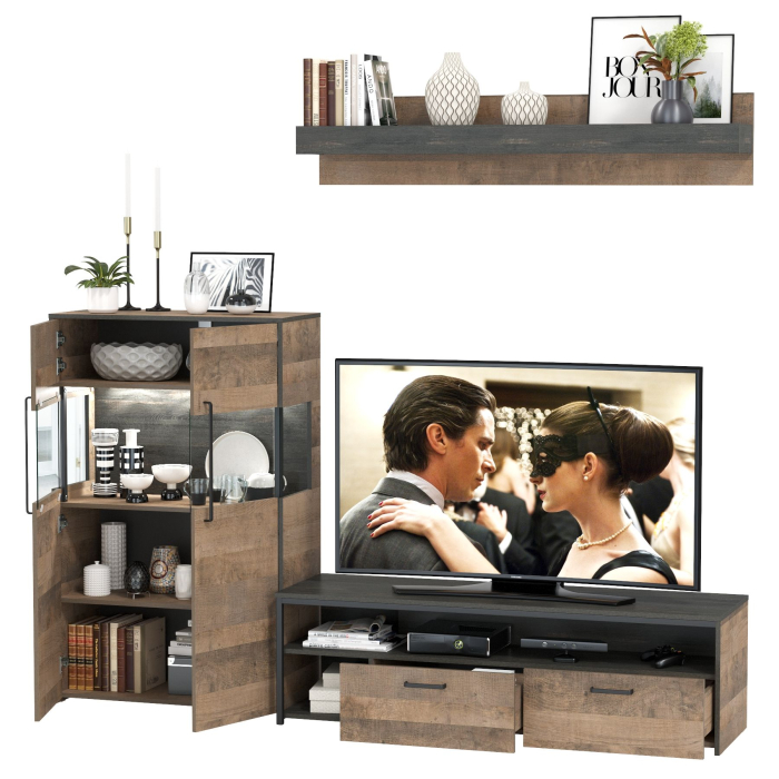 Стенки для гостиной, Тумба для техники и ТВ с навесной полкой и комод с витриной с подсветкой Трувор