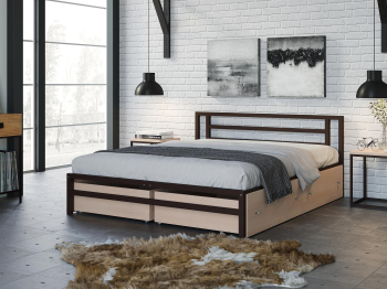 Двуспальная металлическая кровать Титан с ящиками дуб