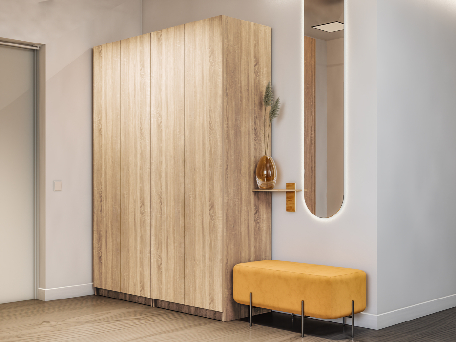 Шкафы распашные, Шкаф складной Е1 Локер ("Гармошка" с системой Push to Move/Правый)162х52.5х220 см,с двумя комплектами полок и модулем