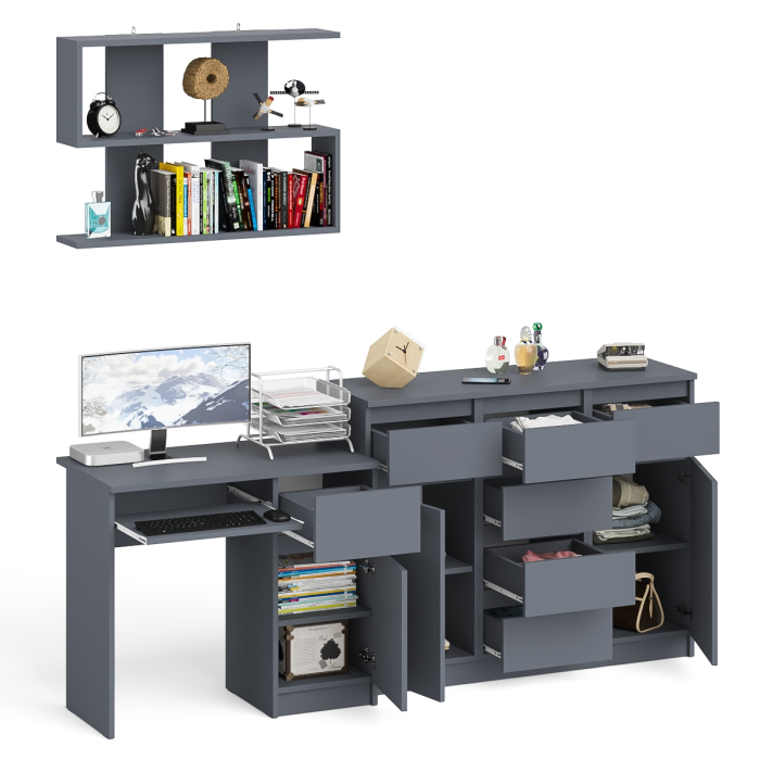 Домашние кабинеты, Тумба-комод Мори МК1200.4 с компьютерным столом МС-1 правый и открытой навесной полкой