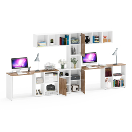 Комплектация мебели в домашний офис Лидер-8 из двух столов с полками и пенала с тумбой с нишей