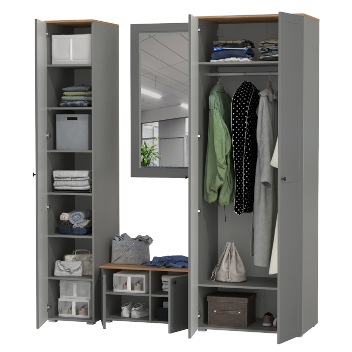 Прихожие, Шкаф 2-х дверный с тумбой и зеркалом и пеналом для прихожей Остин