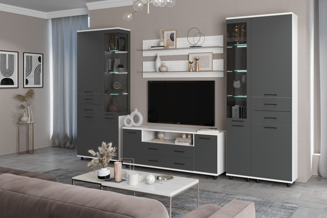 Стенки для гостиной, Модульная гостиная Грейс композиция 12  Снежный Ясень