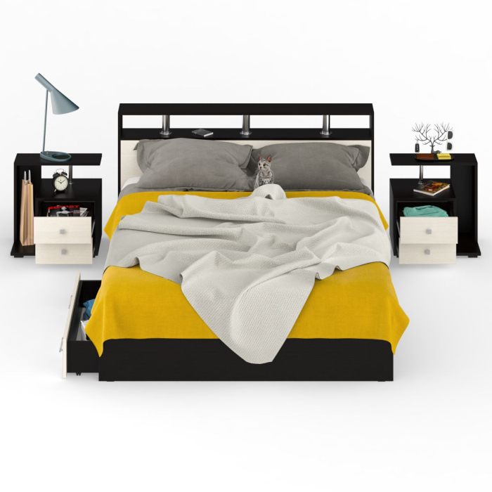 Спальные гарнитуры, Кровать с ящиками Камелия 1600 с двумя прикроватными тумбами