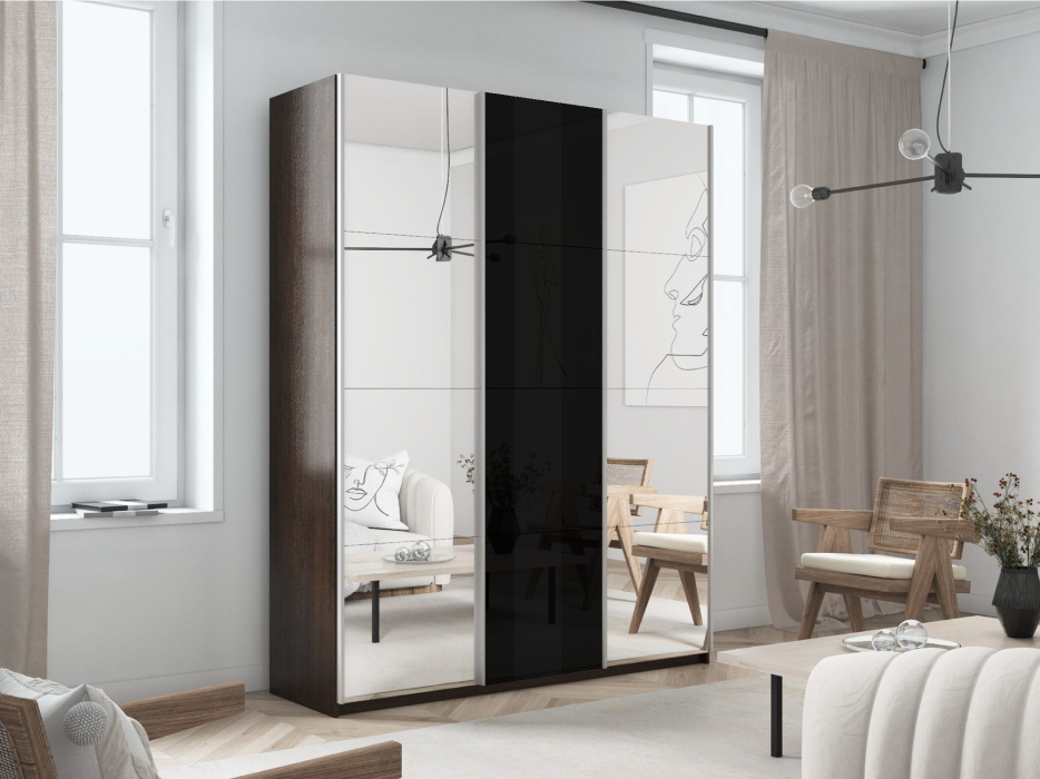 Шкафы-купе 3-х дверные, Шкаф-купе Прайм 3-х дверный Зеркала/Стекло черное/Доводчики 180х57х230