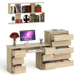 Стол для работы МС-2 с высоким комодом на пять ящиков и навесной полкой Мори