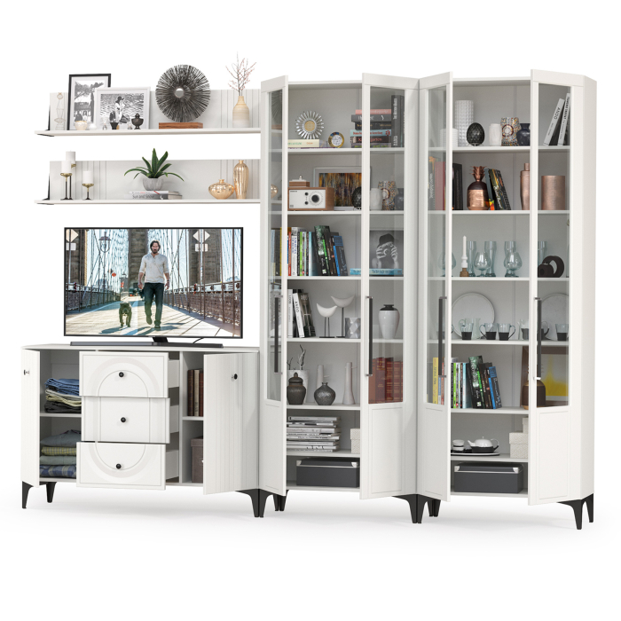 Стенки для гостиной, Тумба-комод с 2 навесными полками и шкаф 4 стеклянных лвери Валенсия № 113