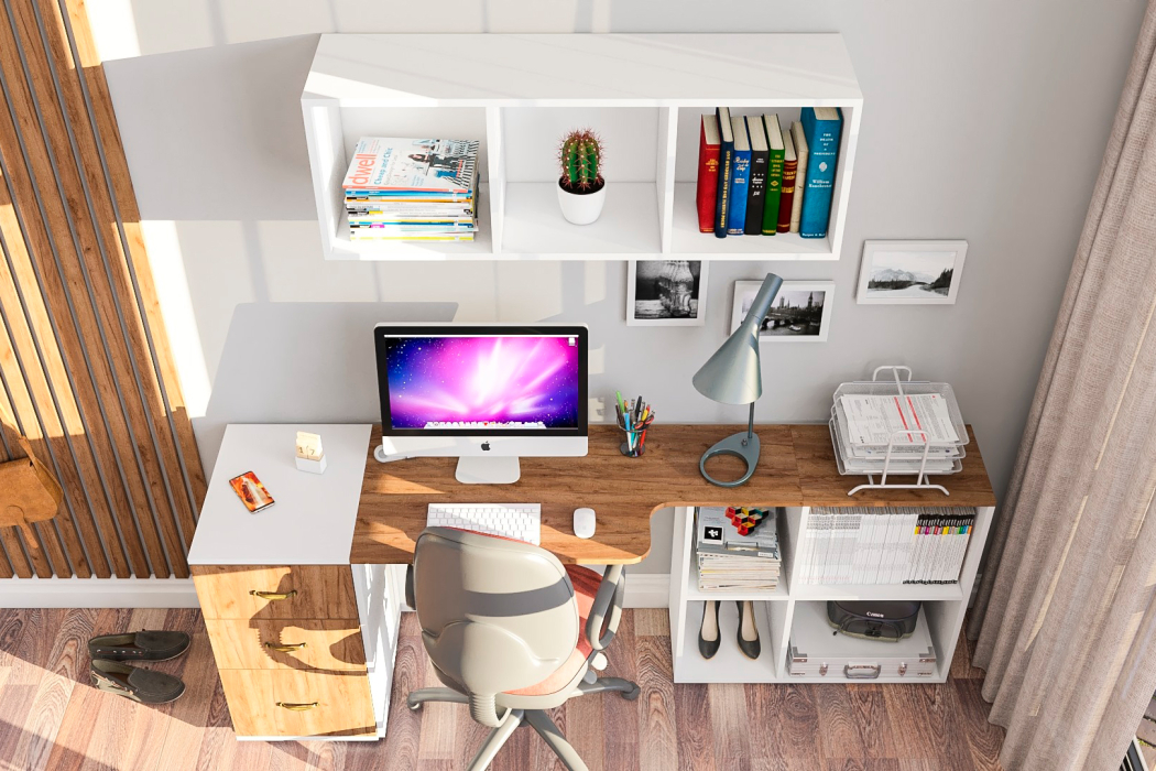 Домашние кабинеты, Универсальный письменный стол с тумбой с ящиками и верхней полкой Лидер-8