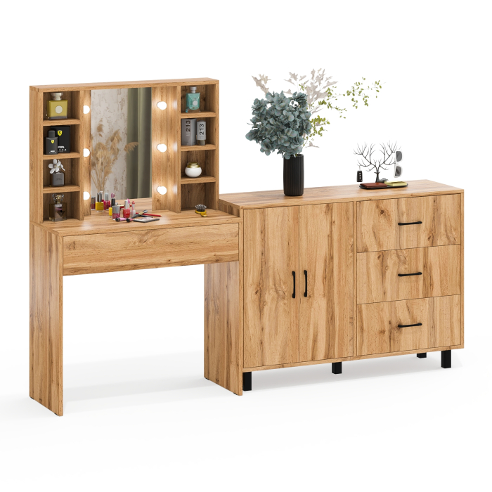 С зеркалом, Туалетный столик с подсветкой 115 и тумба-комод 123-1204