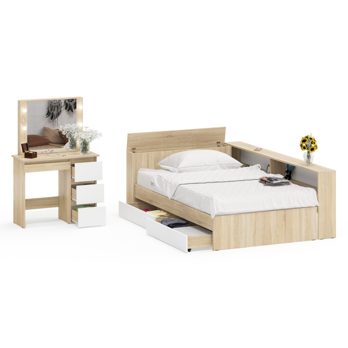 Спальные гарнитуры, Кровать с прикроватным блоком с ящиками Ксения 1200 и туалетный столик с подсветкой Сура