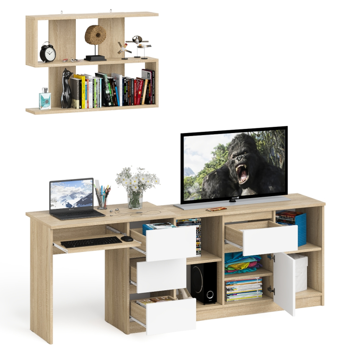 Прямые компьютерные столы, Стол компьютерный три правых выдвижных ящика Мори МС-6 с верхней полкой и тумбой 1204