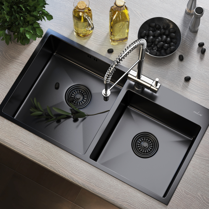 Кухонные мойки, Мойка настол.монтаж 72х40 (3,0) 2-х ЧАШЕВАЯ вып 3 1/2  MIXLINE PRO 22см с сифоном (черный графит)