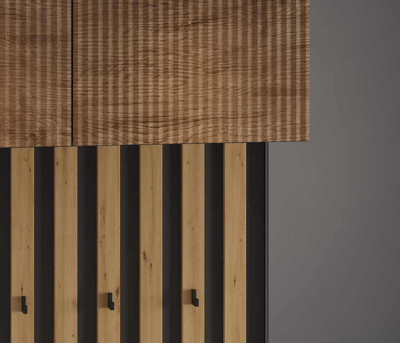 Прихожие, Прихожая Тренд с антресолью и рейками Диамант серый/МДФ Джаз Акация светлая