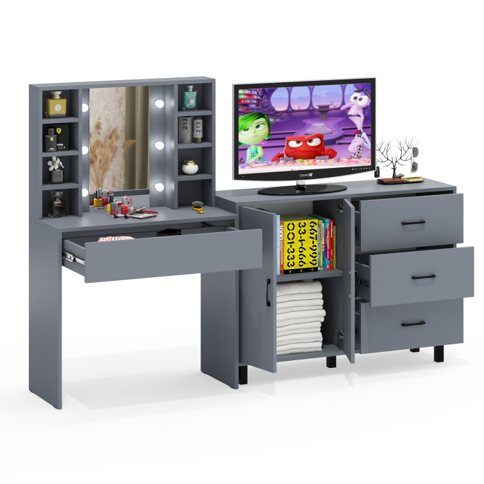 С зеркалом, Туалетный столик с подсветкой 115 и тумба-комод 123-1204