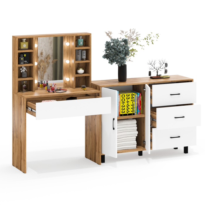 С зеркалом, Туалетный столик с подсветкой 115 и тумба-комод 123-1204