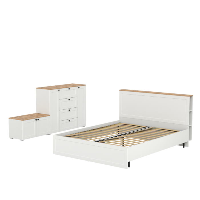 Спальные гарнитуры, Кровать Остин со спальным местом 1600 с ортопедическим основанием с тумбой с дверками и комодом 16.221