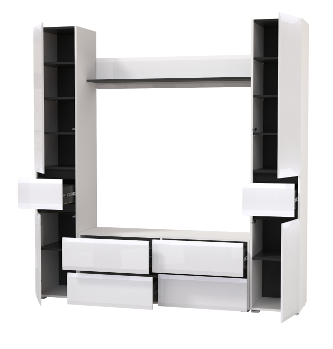 Стенки для гостиной, Тумба-ТВ с открытой навесной полочкой и два пенала Сидней с ящиками