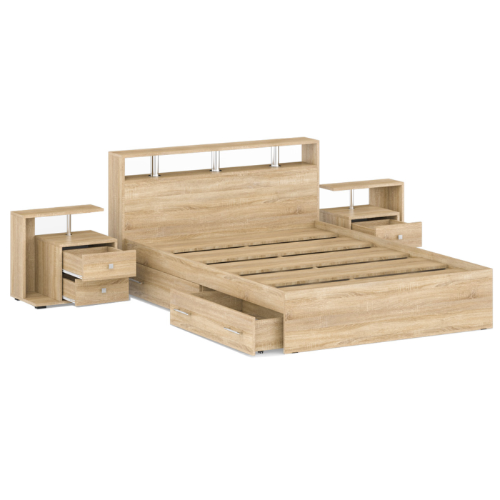 Спальные гарнитуры, Кровать с ящиками Камелия 1400 с двумя прикроватными тумбами