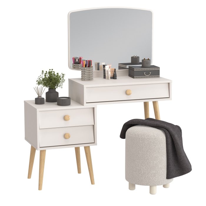С зеркалом, Пуфик мягкий Марта и туалетный стол в спальню Афина