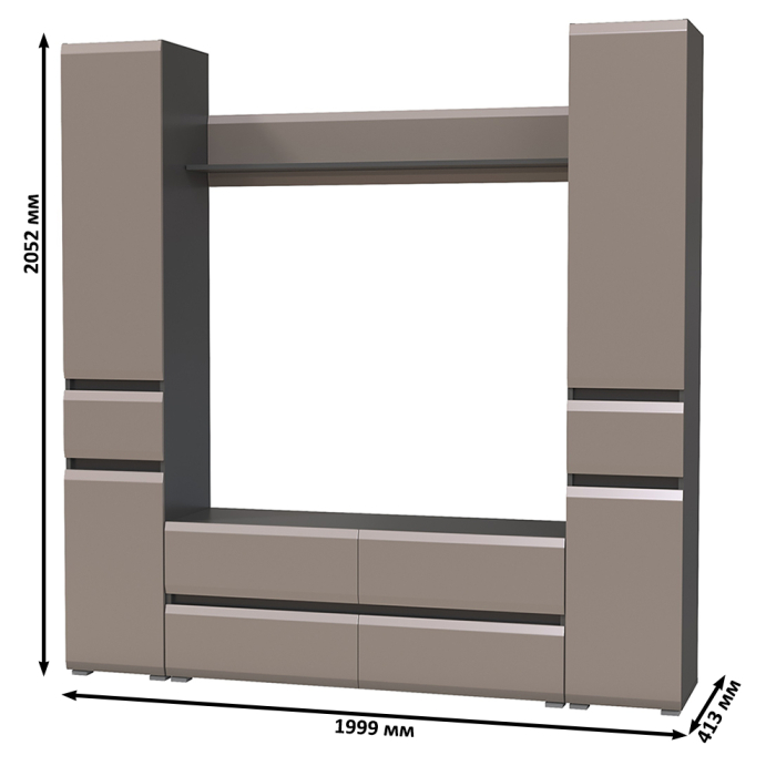 Стенки для гостиной, Тумба-ТВ с открытой навесной полочкой и два пенала Сидней с ящиками