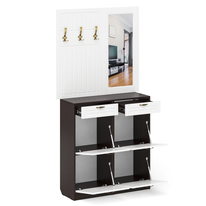 Прихожие, Две тумбы для обуви с ящиками с вешалкой и зеркалом П-6 № 05 МДФ фрезеровка прованс