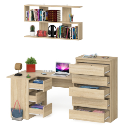 Угловой компьютерный стол Мори МС-16 левый с навесной полкой и высоким комодом на 5-ть ящиков