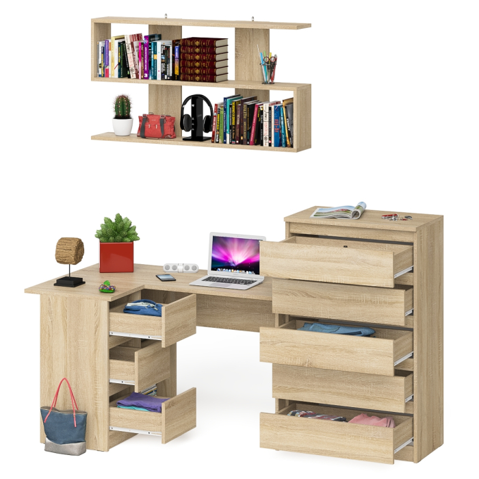 Домашние кабинеты, Угловой компьютерный стол Мори МС-16 левый с навесной полкой и высоким комодом на 5-ть ящиков