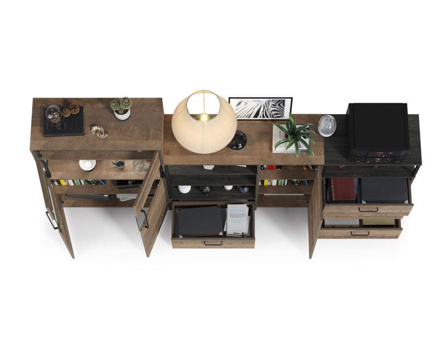 Стенки для гостиной, Комод с ящиком Трувор и дверкой с комодом с витриной с подсветкой и комод с тремя ящиками